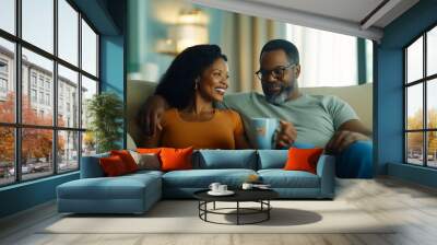 middle age African-American couple drinking coffee on a sunny morning, senior lifestyle, copy space Wall mural