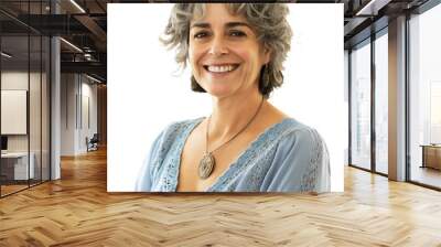 Portrait of older Caucasian woman with gray hair wearing blue blouse, isolated on transparent background, cut out Wall mural