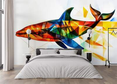 Abstrakte wasserfarben-illustration von einem Wal mit geometrischen formen - farbenfroher Kunstdruck Wall mural