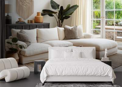 White linen sectional sofa with black coffee table, area rug and large french doors, copy space Wall mural