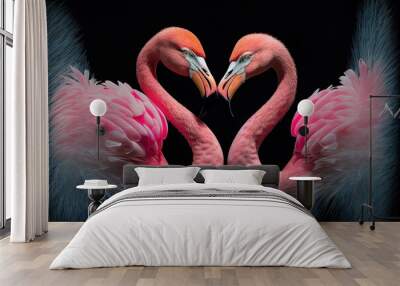 Pink flamingos love heart kiss for Valentines, magenta on black, generated ai illustration Wall mural