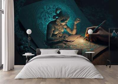 Sacred holy book, 3d teal and gold, religion spirituality, scriptures, generated ai, generated art Wall mural