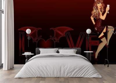 Devil love girl, vector illustration Wall mural