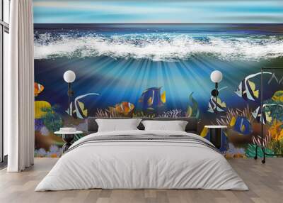 Underwater wallpaper with tropical fish, vector illustration  Wall mural