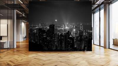 black and white city skyline at night in hong kong island Wall mural