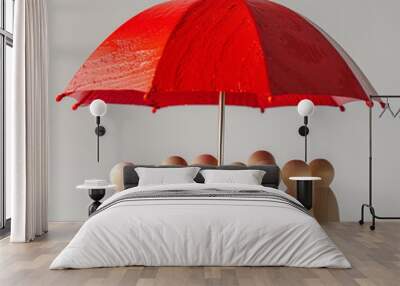 **A red umbrella hides family wooden peg dolls under protection, planning, saving families, preventing risks, and understanding health care.  Wall mural