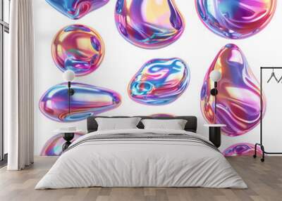  holographic liquid blob shapes set isolated. Y2K iridescent metallic drops or colorful bubbles isolated white Wall mural