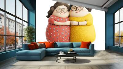 3D plasticine caricature featuring two plump, adult girls hugging in fashionable and casual styles. This cartoon-style artwork, rendered in vibrant colors and detailed texture, PNG Wall mural