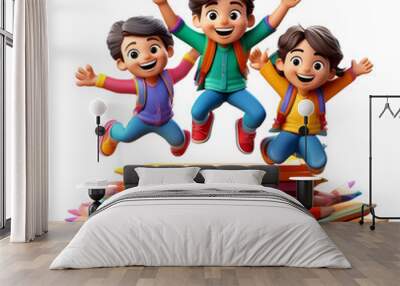 3d render happy school children holding books and pencils jumping with a white background, png. Wall mural