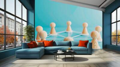 3d render of wooden figurines placed to represent nodes within white circular outlines interconnected by white lines on a soft blue background, illustrating a network concept or social connections. Wall mural