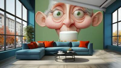 A cheerful 3D caricature of an overweight barbarian woman in a closeup, toasting with a big beer mug. The scene is vibrant and humorous, with exaggerated features and a playful, festive mood. Wall mural