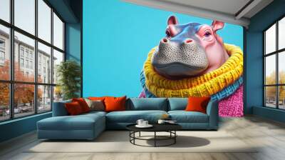 a colorful hippopotamus with winter clothes in solid blue banner background/poster/design/minimalist/modern Wall mural