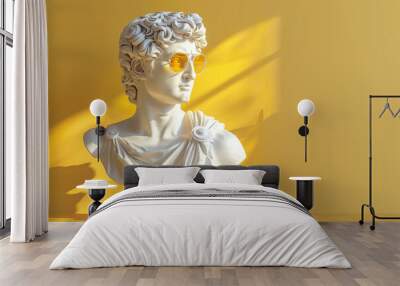 ancient greek god white sculpture wearing fashionable sunglasses in solid yellow background/banner/wallpaper Wall mural