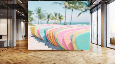 Colorful surfboards standing on a beautiful beach in summer time

 Wall mural