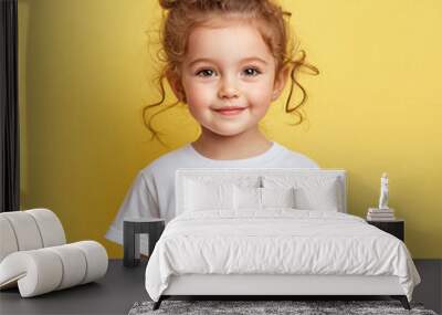 design mockup toddler girl wearing plain blank white tshirt on a yellow background, studio portrait Wall mural