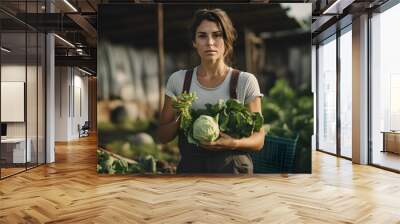 Portrait of a dedicated woman holding a crate full of fresh cabbage in her hands on the farm, outdoors Wall mural