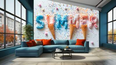 the summer written with ice cream cones.Top view.Summer banner Wall mural