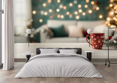 white wooden  table adorned with festive christmas decorations and a blurred cozy living room backdrop Wall mural