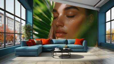 young woman with flawless skin enjoys a tropical spa day surrounded by lush greenery. With a refreshing smile and natural makeup, she embodies wellness and femininity, highlighting fresh skincare and  Wall mural