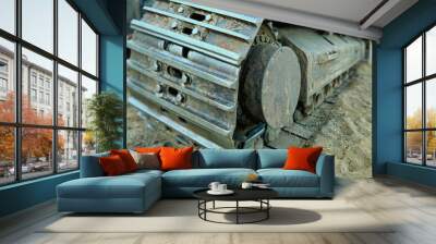 closeup of track on excavator crawler on construction site on dirt Wall mural