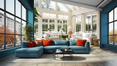 Elegant Hamptons Style Living Room with Vaulted Ceilings, Expansive Windows, and Plush White Sofas, Featuring Abundant Natural Light and a Serene, Inviting Atmosphere for Relaxed Coastal Living Wall mural