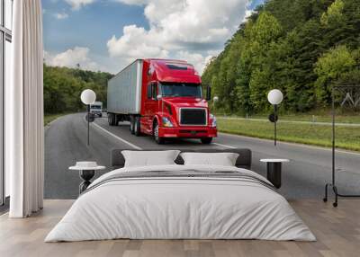 Red Semi Truck On An Interstate Highway Wall mural