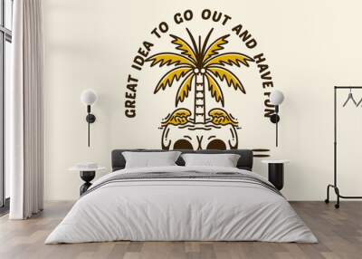 skull and coconut tree and waves illustration design Wall mural