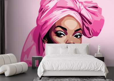 Modern, chic illustration of a confident black woman in vibrant pink hues, exuding elegance and style. Wall mural