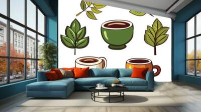 Set of matcha tea and coffee related objects. Colorful vector icons. Wall mural