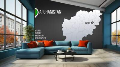 Afghanistan detailed map with regions and Kabul capital star and statistic information. Vector illustration isolated on black background. Wall mural