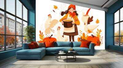 Girl with hot food. Thanksgiving concept. Wall mural