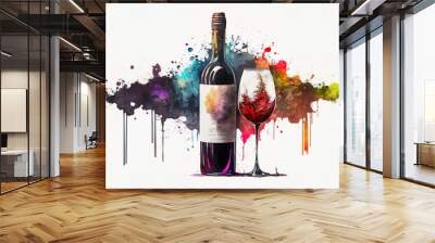 A red wine bottle and a filled glass of red wine with motion, abstract watercolor illustration. Generative AI Wall mural