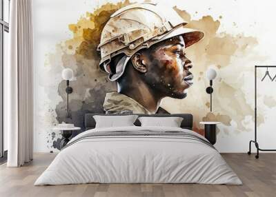 african american soldier vietnam, profile, watercolor illustration. Generative AI Wall mural