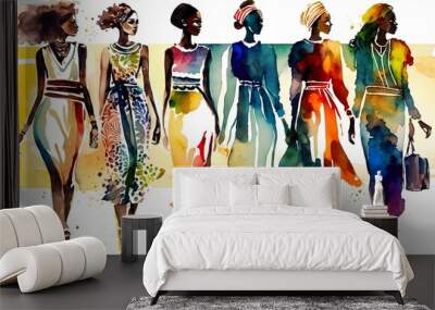 african female fashion show, multi-ethno models on a catwalk with colorful summer dresses, watercolor,  illustration. Generative AI Wall mural