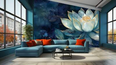 beautiful lotus lily water flower wallpaper, gold on dark blue background, banner, mural art, watercolor illustration with some sparkle and glitter. Generative AI Wall mural