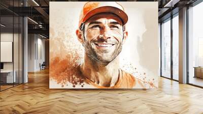 Delivery Man illustration. Handsome young man in Orange Shirt and Orange Cappy, smiling. Generative AI Wall mural