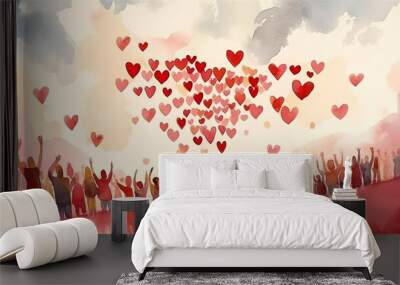 Diverse people with arms and hands raised towards hand painted hearts. Charity donation, volunteer work, support, assistance. Multicultural community. People diversity. Generative AI  Wall mural