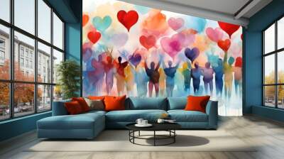 Diverse people with arms and hands raised towards hand painted hearts. Charity donation, volunteer work, support, assistance. Multicultural community. People diversity. Wall mural