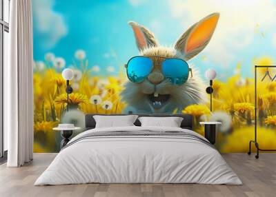 easter rabbit with reflective sunglasses super cute and funny laughing sits in a yellow dandelion field, easter background banner for marketing, sales and social media illustration. Wall mural