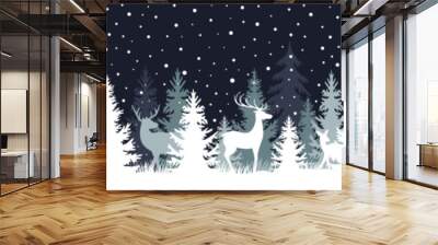 Fir forest snowy winter landscape with deers at night, seemless border pattern, blue panorama vector illustration, global colors Wall mural