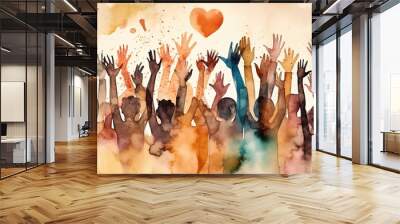 Group of diverse people with arms and hands raised towards hand painted hearts. Charity donation, volunteer work, support, assistance. Multicultural community. People diversity. Generative AI  Wall mural