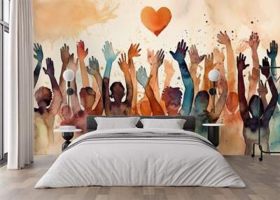 Group of diverse people with arms and hands raised towards hand painted hearts. Charity donation, volunteer work, support, assistance. Multicultural community. People diversity. Generative AI Wall mural