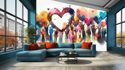 Group of diverse people with arms and hands raised towards hand painted hearts. Charity donation, volunteer work, support, assistance. Multicultural community. People diversity. Generative AI Wall mural