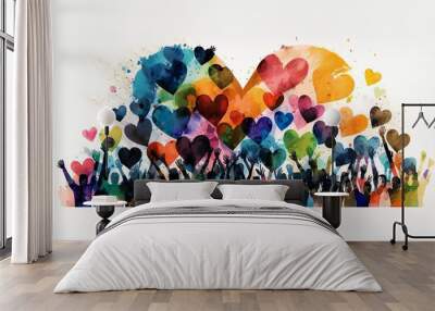 Group of multicultural people with arms and hands raised towards a hand painted heart. Charity donation, volunteer work, support and assistance, multiethnic community. Peace on earth. Generative AI Wall mural