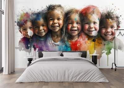 nursery school smiling children boys and girls, happy group of Multiethnic cute kids, world children's day Wall mural