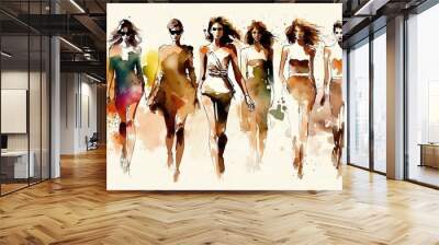 summer female fashion show, young woman on a catwalk, people art, watercolor painting, isolated on white background. Generative AI Wall mural