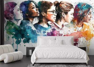 young women, togetherness, group of multicultural students, colorful watercolor illustration, people art, isolated on white background. Generative AI Wall mural