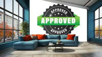 Vibrant Green Approved LABEL with Shiny Stars and Ribbon Banner Wall mural