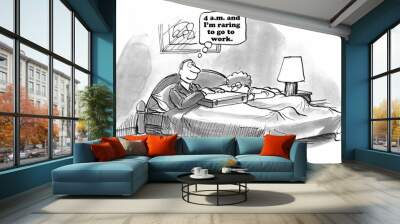 business cartoon about a businessman excited to go to work at 4am. Wall mural