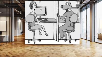 Business cartoon of a businessman learning she and the business dog interviewed for the same job.  Wall mural